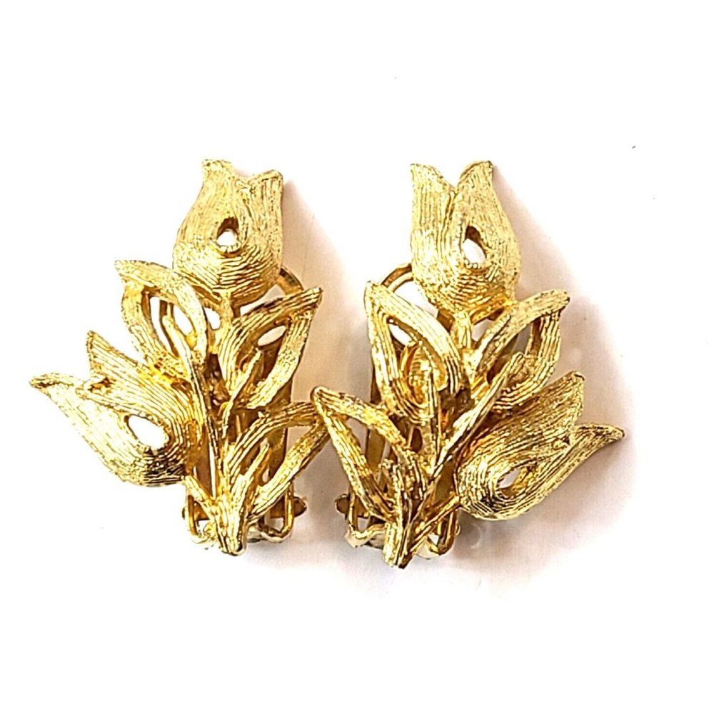 Vintage Tulip Clip-On Earrings Textured Brushed Metal Floral Leaves Leaf Flowers